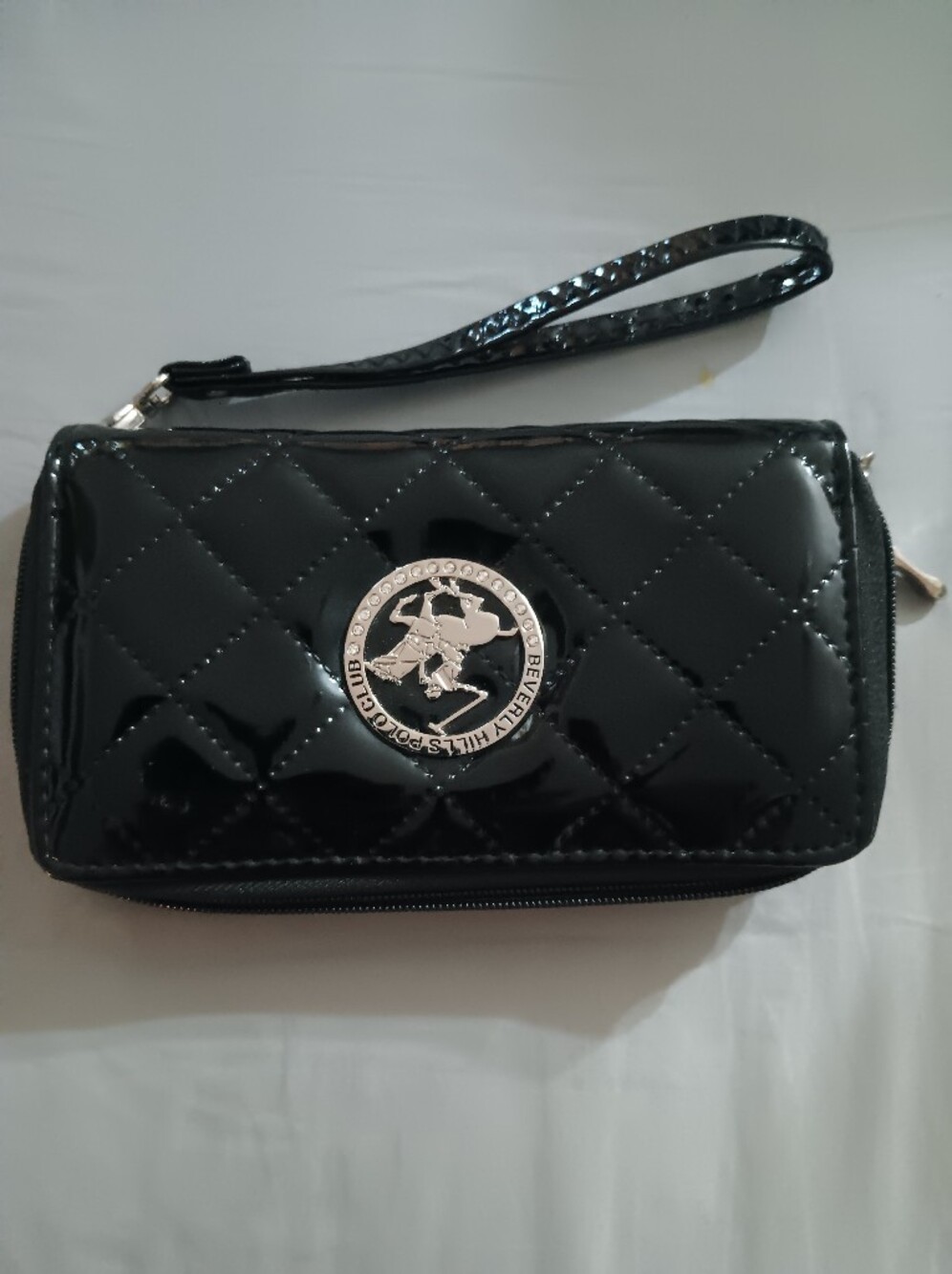 Beverly Hills Polo Club Black Quilted Patent Wristlet with Logo Medallion